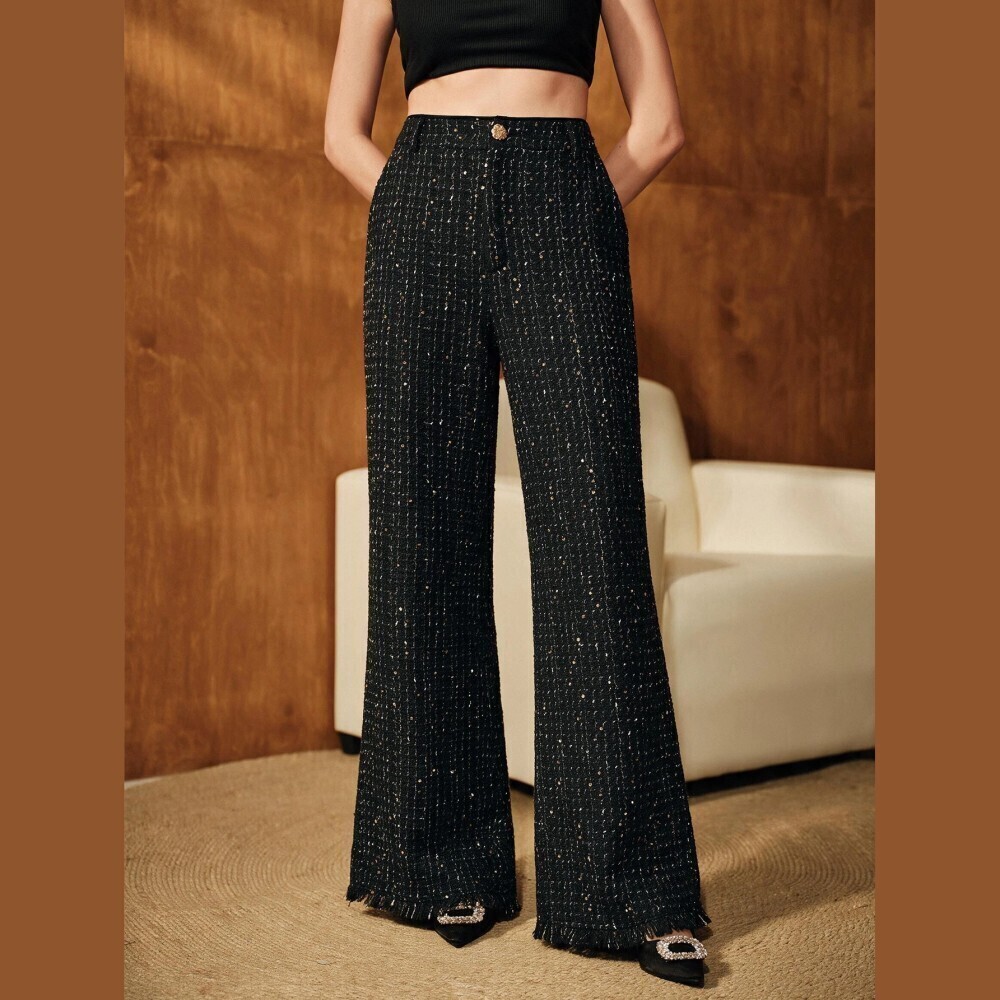 Black Metallic Fleck Tweed High Waist Fringe Hem Wide Leg Pants